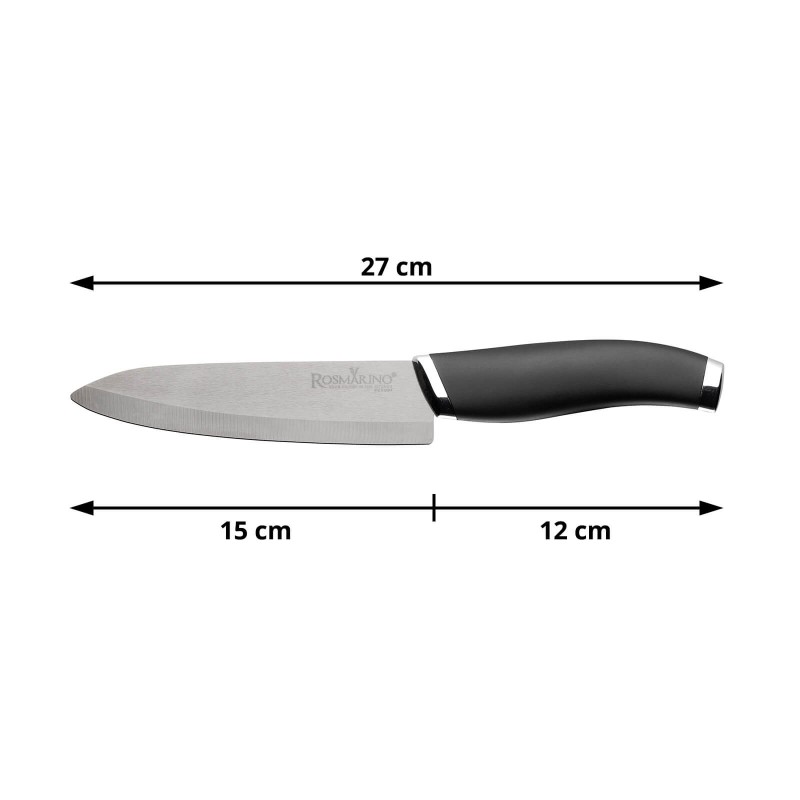Veći keramički nož izuzetne oštrine i istrajnosti, nepogrešiv je izbor za svaku kuhinju. Idealan je za najrazličitije poslove u kuhinji. Dužina sečiva: cca 15 cm, debljina sečiva: cca 1,9 mm.