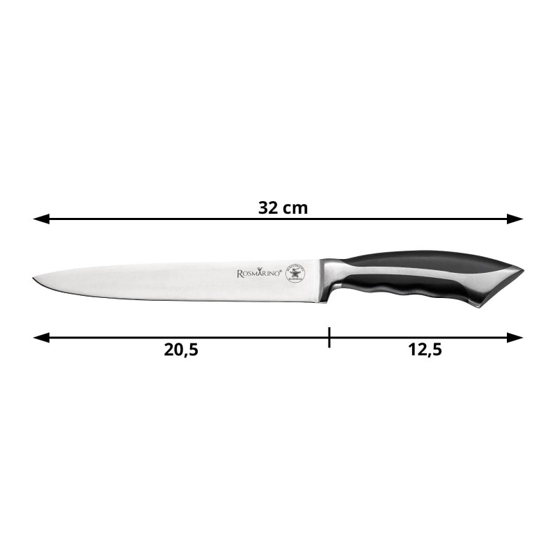 Kuhinjski nož je napravljen od nerđajućeg čelika visokog kvaliteta. Njegova prednost je dvostrano naoštreno sečivo, pod uglom od 15° za dugotrajnu oštrinu i izdržljivost. Idealno za brzo i precizno sečenje, na izuzetno tanake rezove. Dužina sečiva 20,5 cm.