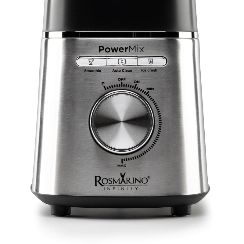 Blender koja će obaviti posao umesto vas. Rosmarino Infinity Power Mix je vrhunski blender, izuzetno moćan i brz aparat u vašoj kuhinji za sve vaše dnevne obroke, doručak, ručak, obroke koje trebate pripremiti brzo i do večere. 6 noževa od nerđajućeg čelika omogućavaju vam da pripremite razna pića od voća ili povrća, razne soseve ili čak drobljenje leda! Snaga motora od 1400 W, 3 unapred podešene funkcije i dodatna funkcija turbo pulsa zadovoljiće vaše potrebe za pripremom hrane različitih tekstura. U prostranoj posudi zapremine 1500 ml sa mernom skalom uživaćete u bezbrižnoj pripremi obroka za celu porodicu. Takođe savršen uređaj za pripremu dečijih obroka. Minimalistički dizajn u crnoj i nerđajućem čeliku zadovoljiće sve ljubitelje elegancije u bilo kojoj modernoj kuhinji.
